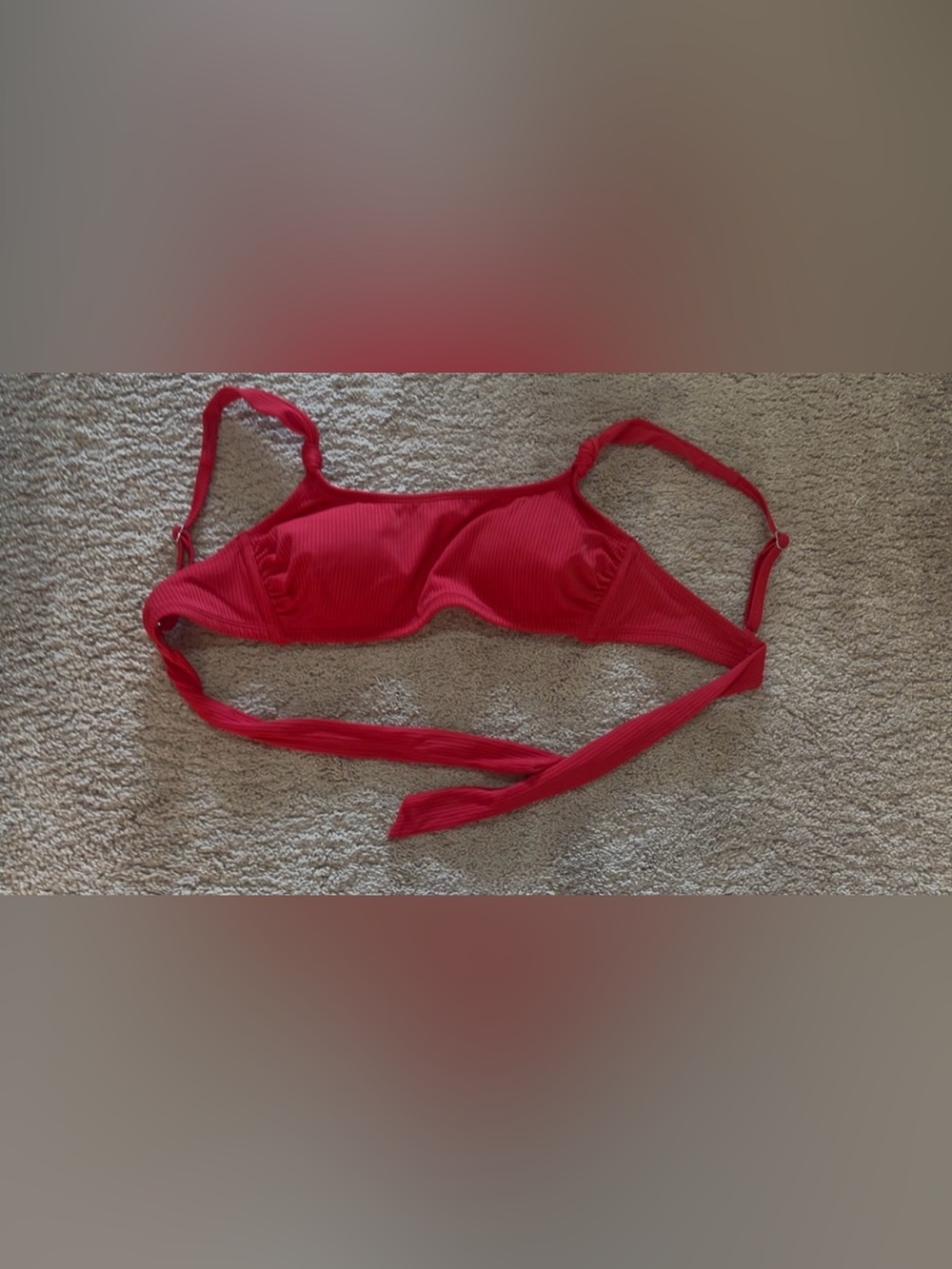 Red ribbed bikini top with tie back 
Unknown brand and size, around M